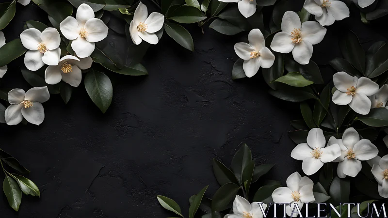 White Magnolia Blooms Against Dark Textured Ground.