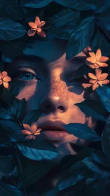 Low-key portrait embeds freckled face in teal foliage with warm rim light