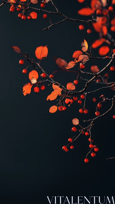 Red berries and autumn leaves on dark minimalist background.