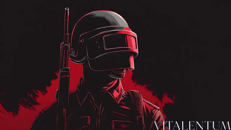 Armored futurist soldier stands in stark red battle glow