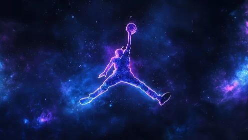 Silhouette of basketball player in neon cosmic jump pose.