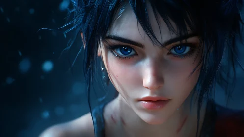 Blue-eyed warrior girl in intense digital portrait closeup.
