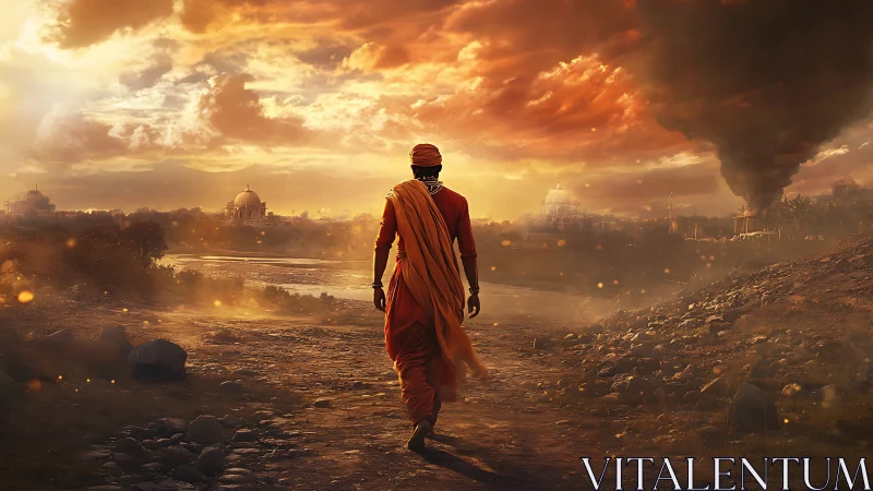 Solitary mystic walks war-scarred riverbank at dusk light.