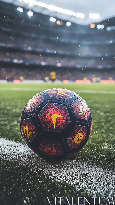 Rain-soaked football on wet pitch under stadium lights.