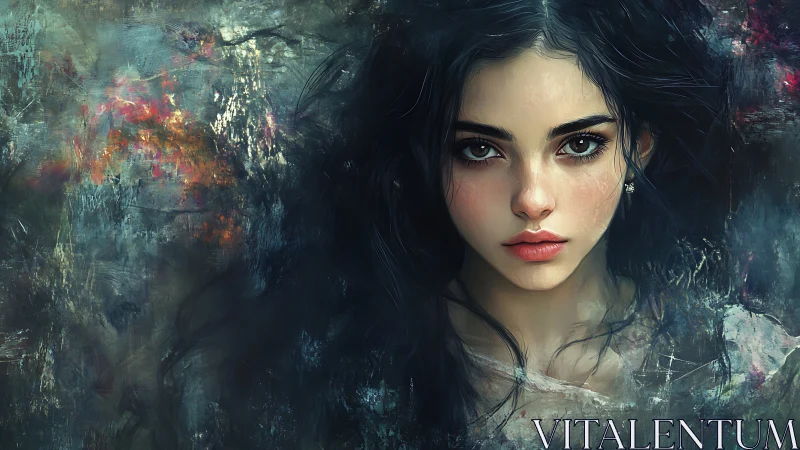 Hyperreal digital portrait isolates a dark haired woman in textured haze