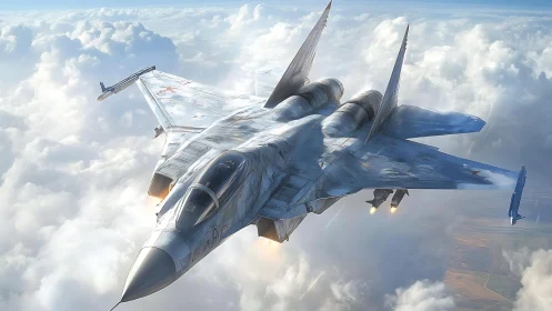 Sky-dancing fighter jet surfing bright cotton clouds.