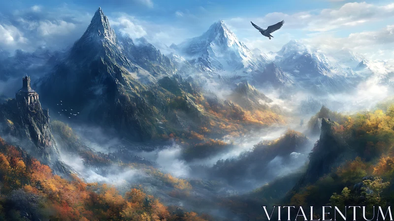 Snow peaks above misty valley with tower and flying eagle.