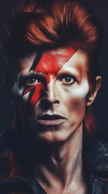 Portrait of androgynous glam-rock figure with bold lightning makeup