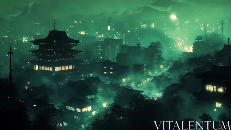Neon mist haunts a cyberpunk pagoda city beneath twin moons.