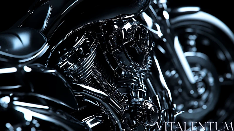 Chrome motorcycle engine gleams in dramatic studio lighting.