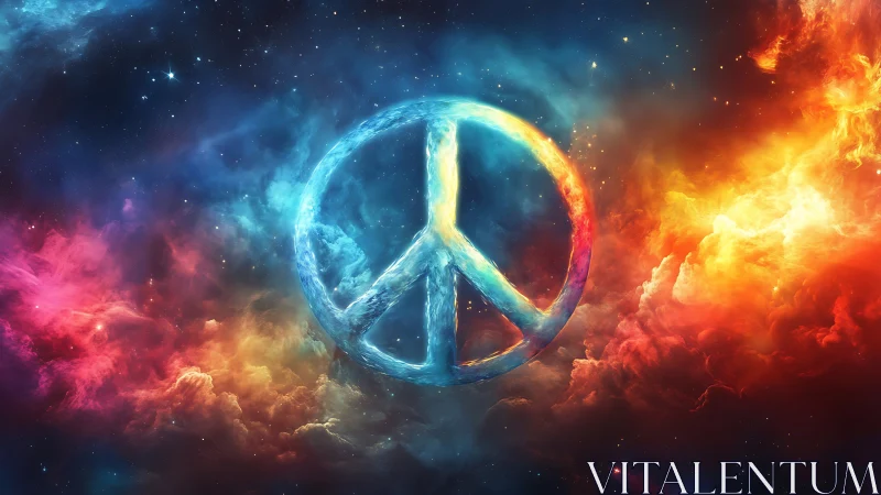 Peace symbol suspended in colorful cosmic nebula field.