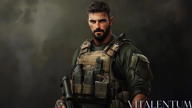 Tactical soldier portrait shows armored operator in shadow