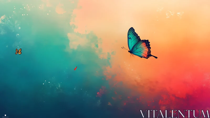 Blue butterfly crosses vibrant teal and orange sky