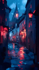 Digital painting of nocturnal alleyway with luminous reflections.