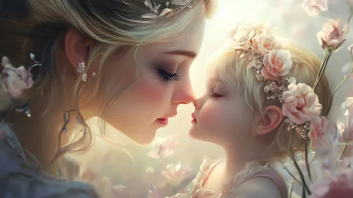 Female figure with child rendered in soft light environment