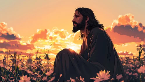 Contemplative robed figure in wildflower meadow at radiant sunset