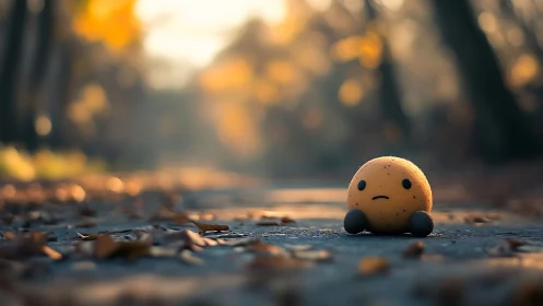 Small yellow toy on autumn pathway in soft background blur.