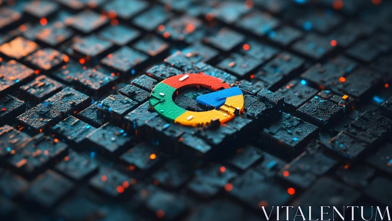 Google logo on dark digital blocks, modern tech-inspired design.
