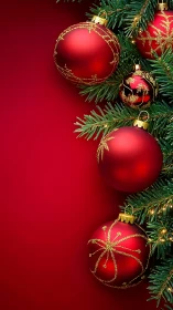 Photorealistic red baubles on evergreen boughs, vertical layout.