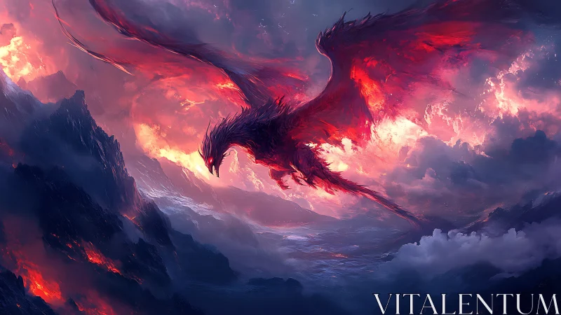 Fiery red dragon flying above dark volcanic landscape.