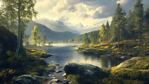 Golden mountain lake welcomes calm reflections and soft light