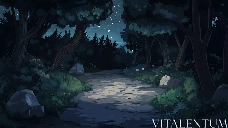 Forest clearing with moonlit water stream and nocturnal vegetation