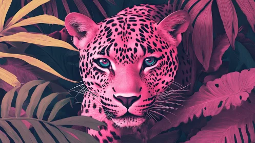 Pink leopard head is centered among dense stylized foliage