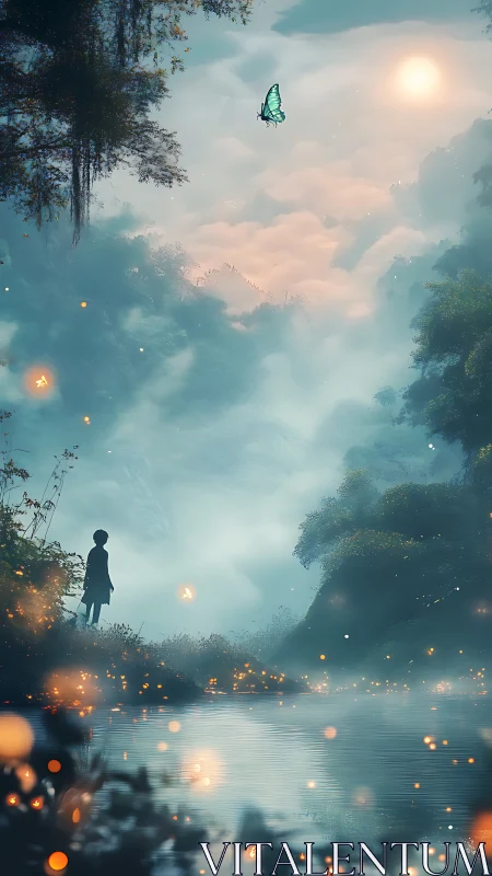 Moonlit mist valley with lone child and glowing fireflies.