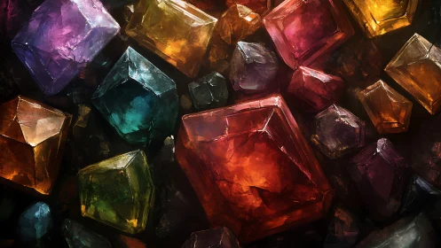 Glowing gemstone polyhedra tumble through painted twilight