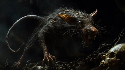 Mutated sewer rat stalks skull-littered cavern floor.