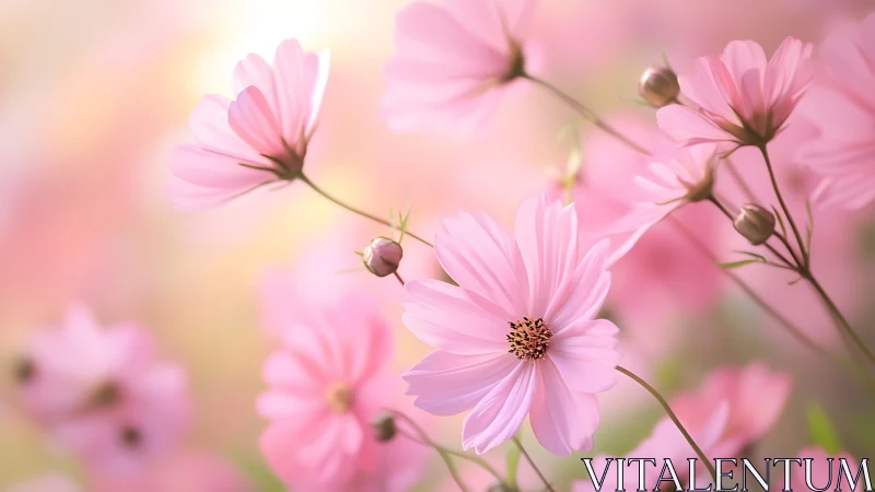 Pink cosmos flowers in soft focus bloom against blurred garden background.