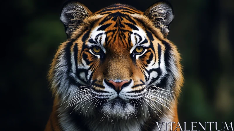 Regal tiger portrait under moody low key studio lighting.