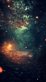 Mystical Forest Path Illuminated by Fireflies and Ethereal Light.