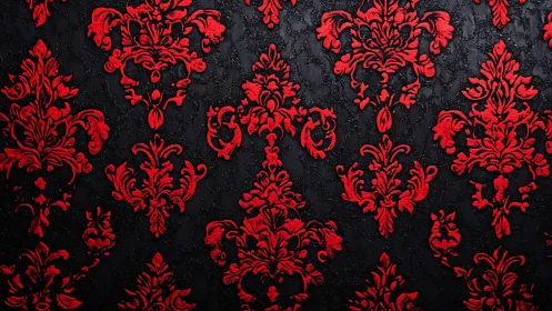 Crimson baroque flourishes ignite a midnight velvet wall.