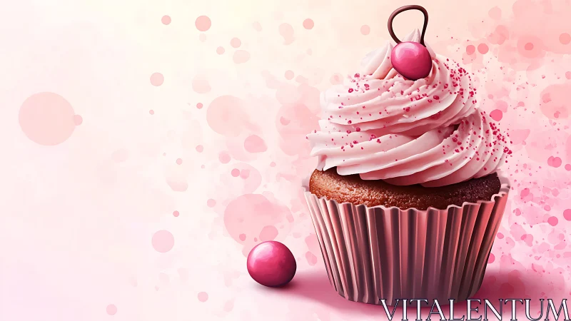 Pink Frosted Cupcake with Metallic Sphere Decoration.