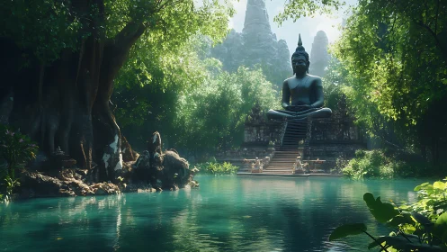 Large seated Buddha statue above turquoise jungle pool in soft volumetric light