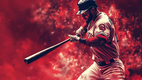 Digital rendering shows baseball batter mid-swing in red field