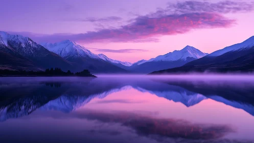 Twilight hush over mirrored mountain lake at day’s gentle end.