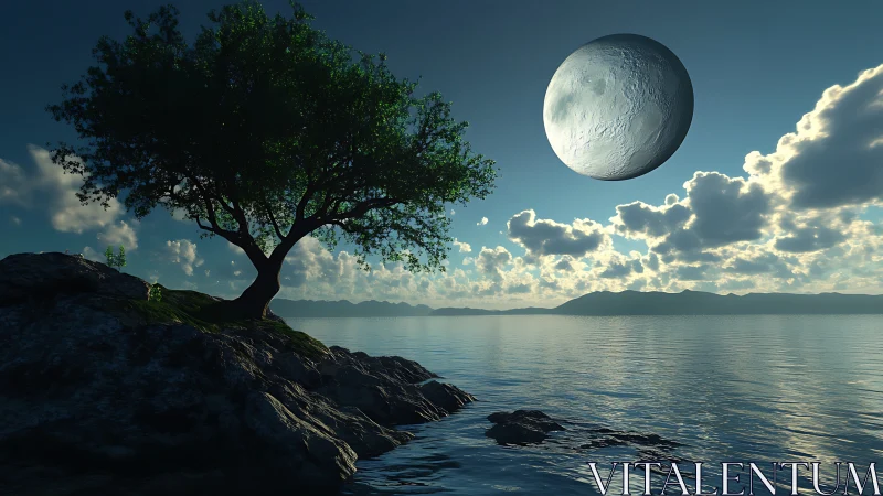 Solitary coastal tree under colossal moonlit sky.