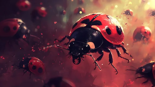 Close-up digital artwork of flying red ladybugs swarm.