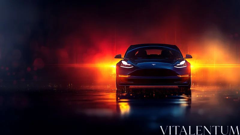 Electric sedan faces camera against bright orange backlight