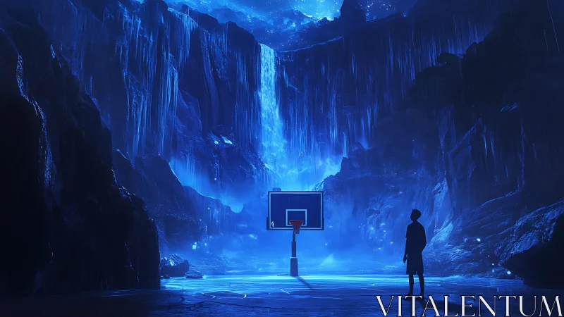 Basketball hoop in blue cavern with waterfall background.