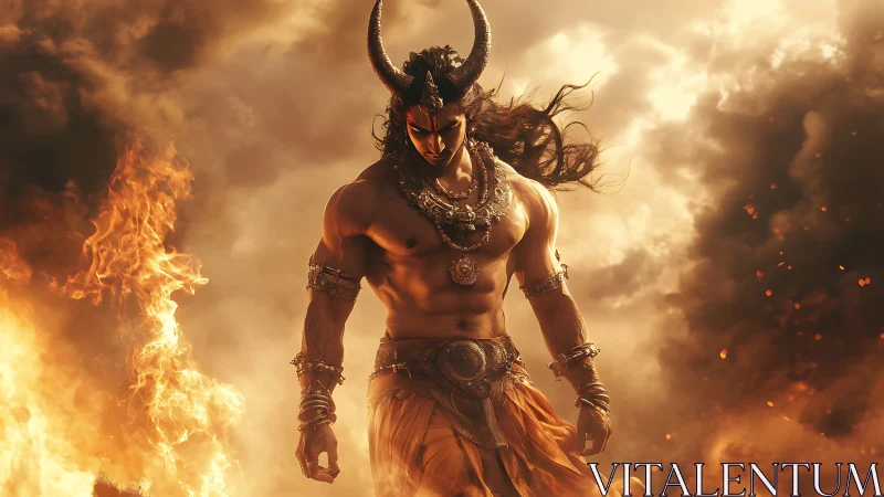Horned warrior stands shirtless amid swirling fire and smoke
