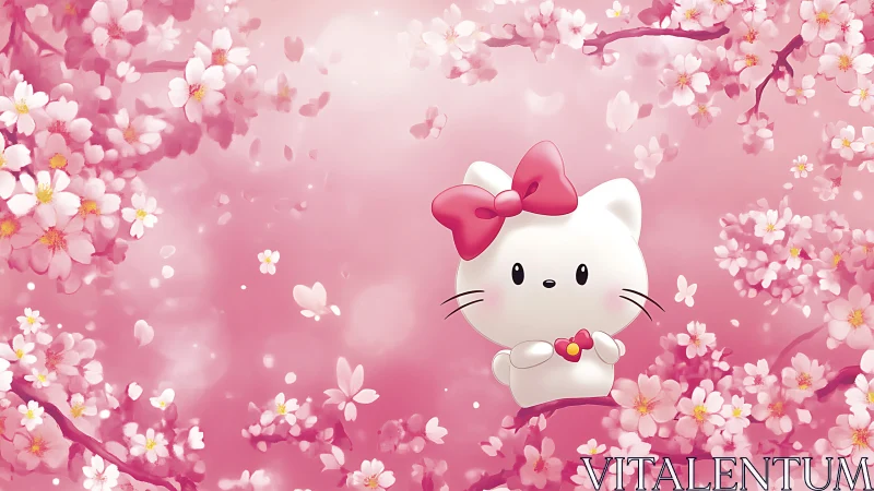 Cute white kitten drifts among dreamy pink cherry blossoms