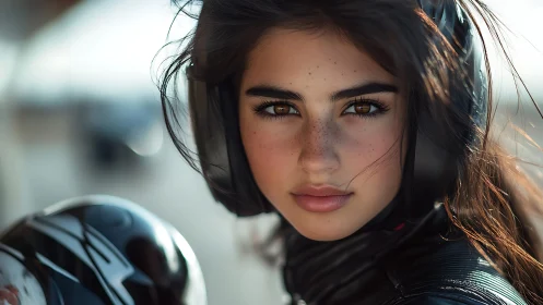 Motorcyclist portrait captures intense gaze in soft daylight