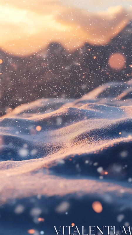 Snowy landscape under warm sunset light with snowfall.
