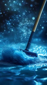 Wet floor brush splashing water under blue studio light.