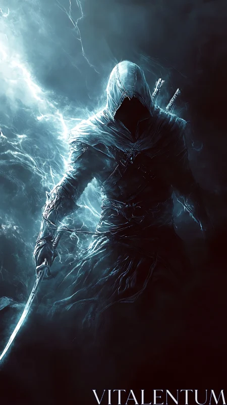 Hooded spectral warrior advances through electric storm field