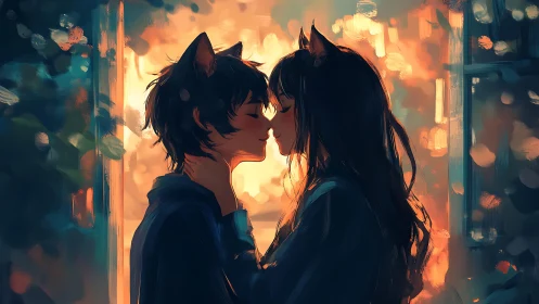 Backlit cat-eared lovers in bokeh-saturated digital dusk.