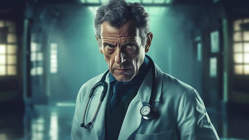 Digital portrait shows older male doctor in dim hospital corridor